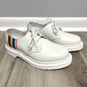 Dr. Martens Shoes Girls 4 White Leather w/Monochrome Rainbow Stripe Derby Oxford